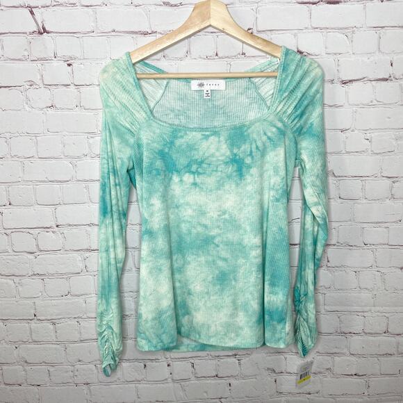 Fever Blue Green Tie Dye Long Sleeve Square Neck Ribbed Top Womens Medium New - Picture 3 of 7